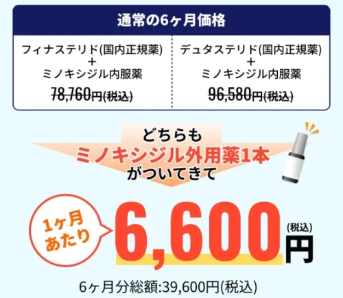 初回で3ヶ月発毛実感セットを2回分(6ヶ月分)買うと、ミノキシジル5%外用薬が1本ついてくるセットプランになります。 1ヶ月あたり6,600円 6ヶ月分総額:39,600円(税込)